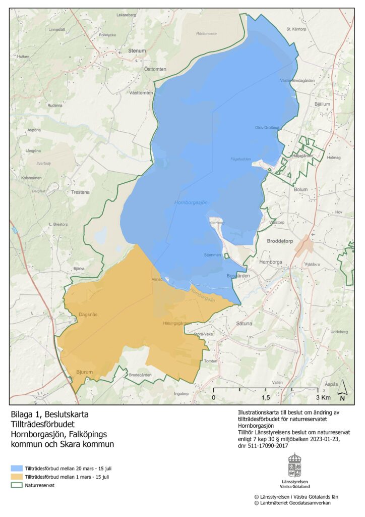 Karta som visar tillträdesförbud i Hornborgasjöns naturreservat. Norr om besöksplatsen Almeö är det tillträdesförbud 20 mars till 15 juli. Söder om Almeö i naturreservatet är det tillträdesförbud 1 mars till 15 juli. Undantag utgör särskilt markerade vägar, besöksområden och leder. Undantag gäller vidare i samband med vistelse i gömsle uppfört av naturvårdsförvaltaren enligt fastställd skötselplan.