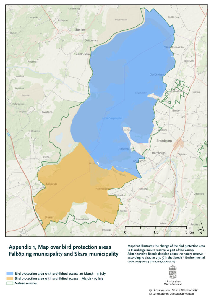 Map that illustrates the bird protection areas in Lake Hornborga nature reserve. The northern part of the lake, north of Almeö and Utloppet has prohibited access between 20 March to 15 July. The southern part of the nature reserve, south of Almeö and Utloppet has prohibited access between 1 March to 15 July.